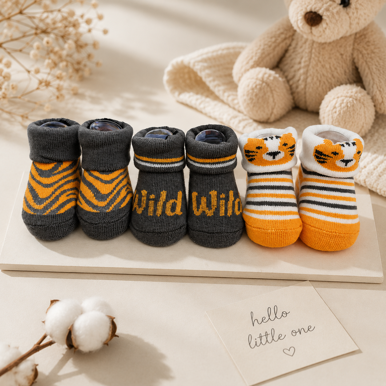 Smile Baby Baby Socks Set of 3 Pairs – Soft Cotton Anti-Slip Infant Socks for Boys | Tiger & Wild Theme | 0-9 Months