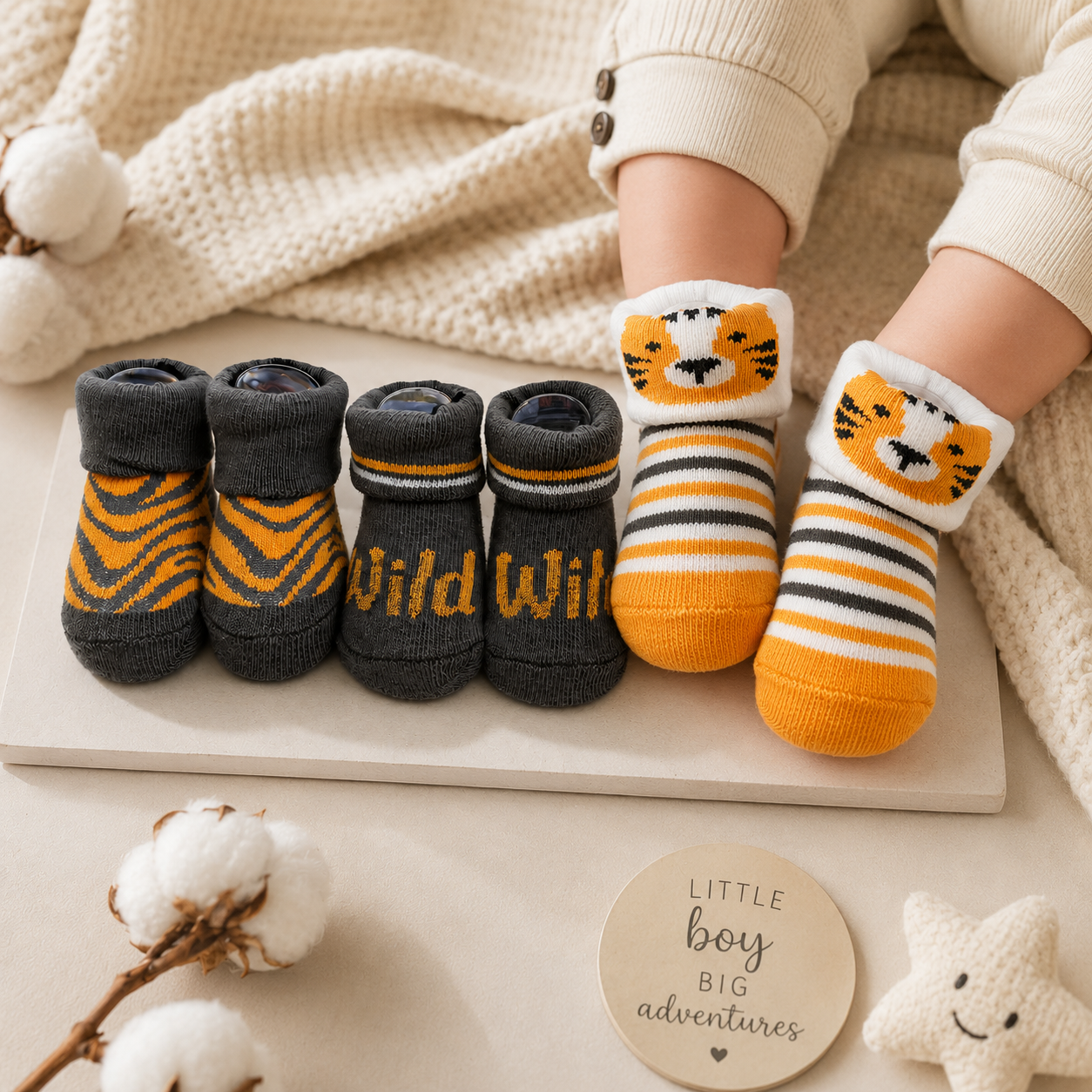 Smile Baby Baby Socks Set of 3 Pairs – Soft Cotton Anti-Slip Infant Socks for Boys | Tiger & Wild Theme | 0-9 Months