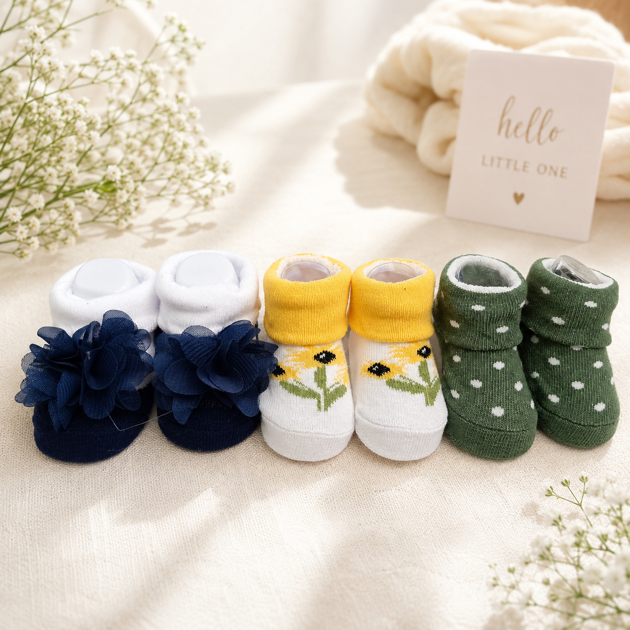 Smile Baby Newborn Baby Socks Set of 3 Pairs (0-9 Months) | Soft Cotton Anti-Slip Infant Socks | Flower, Floral & Heart Design Socks for Baby Girls