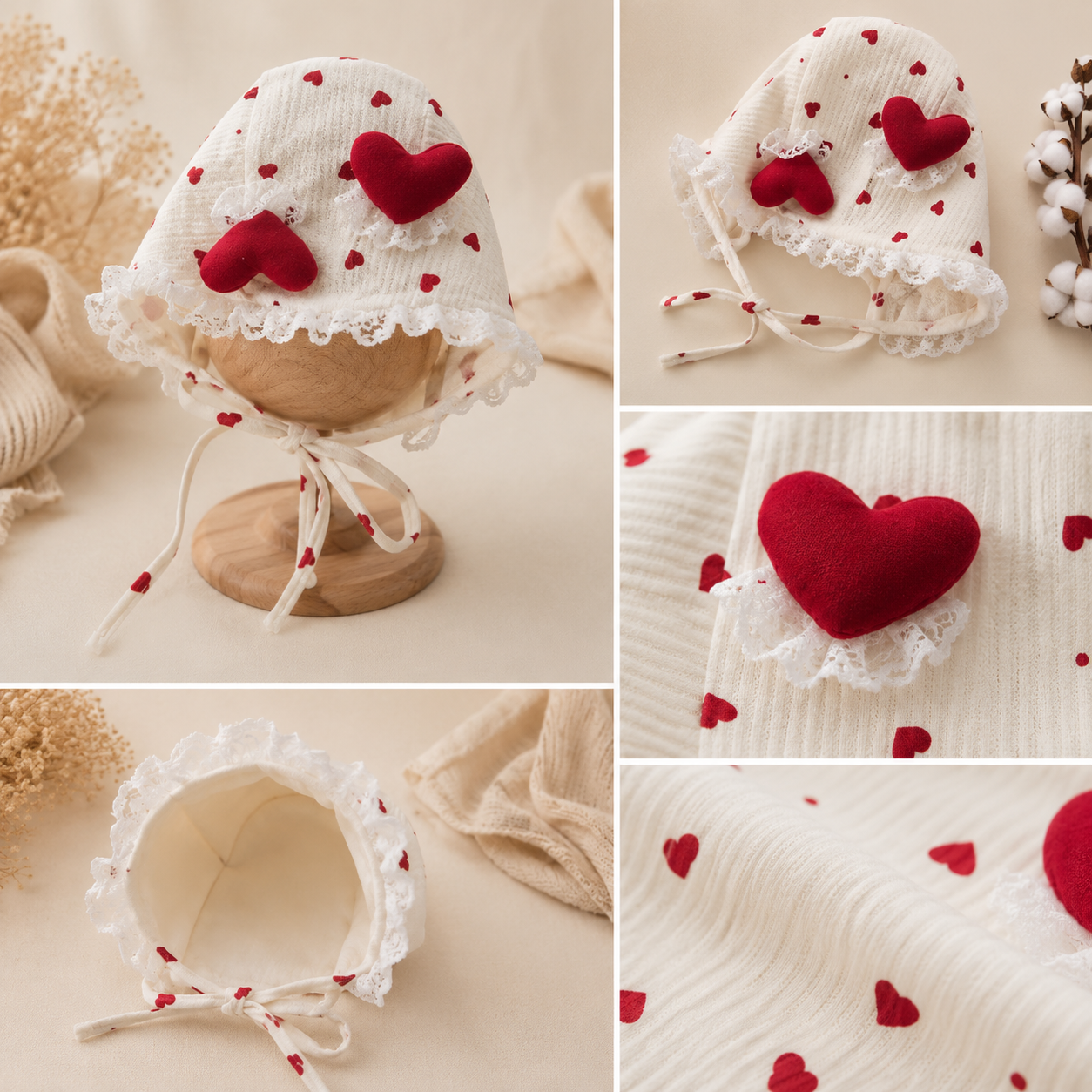 Smile Baby Baby Girls Heart Lace Bonnet Cap | Soft Cotton Newborn Hat with Double Heart Appliqué | Adjustable Chin Tie | Pink, Maroon & Light Brown