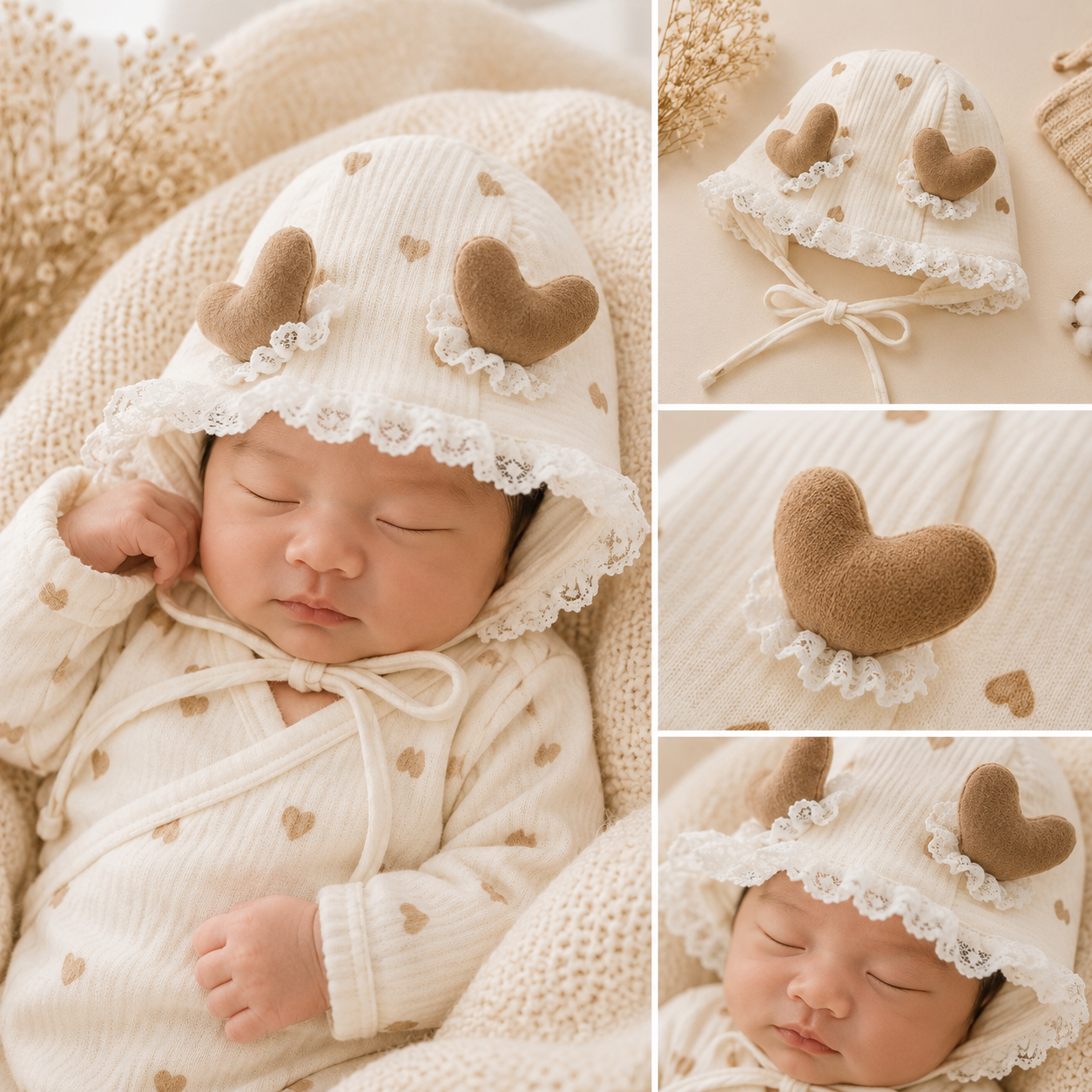 Smile Baby Baby Girls Heart Lace Bonnet Cap | Soft Cotton Newborn Hat with Double Heart Appliqué | Adjustable Chin Tie | Pink, Maroon & Light Brown