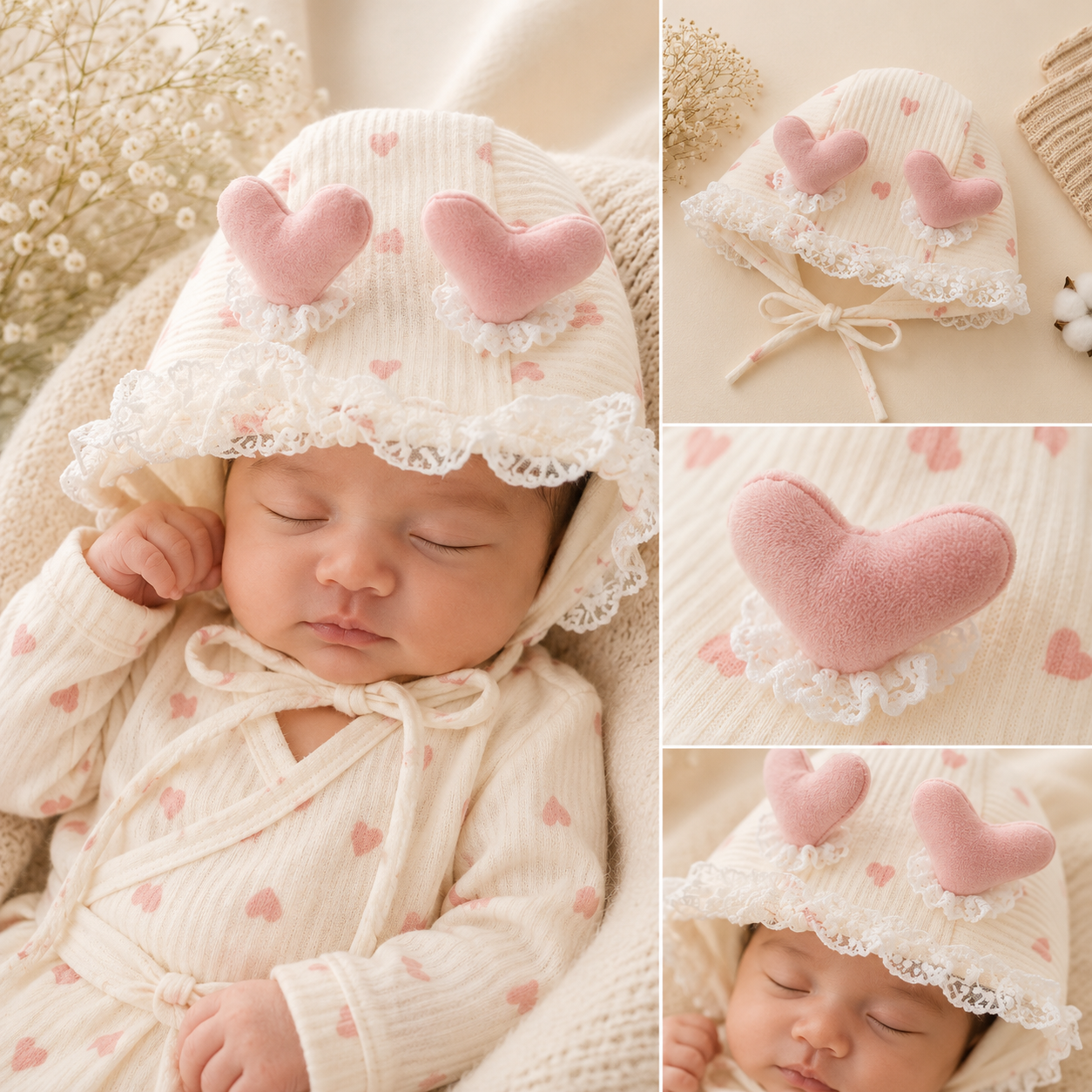 Smile Baby Baby Girls Heart Lace Bonnet Cap | Soft Cotton Newborn Hat with Double Heart Appliqué | Adjustable Chin Tie | Pink, Maroon & Light Brown