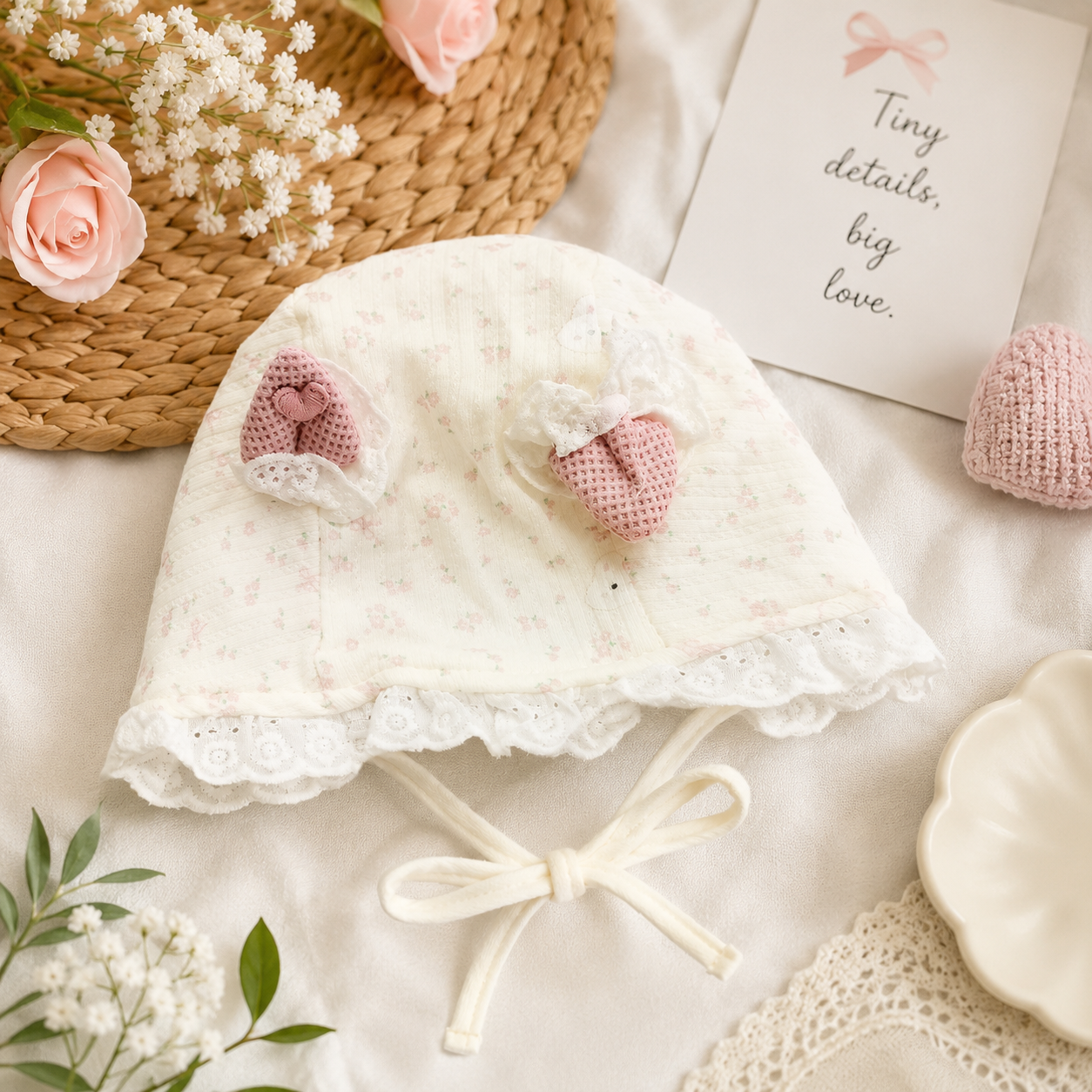 Smile Baby Baby Girls Lace Bonnet Cap with Floral Bow Detail | Soft Cotton Newborn Hat | Adjustable Chin Tie | Pink & Cream