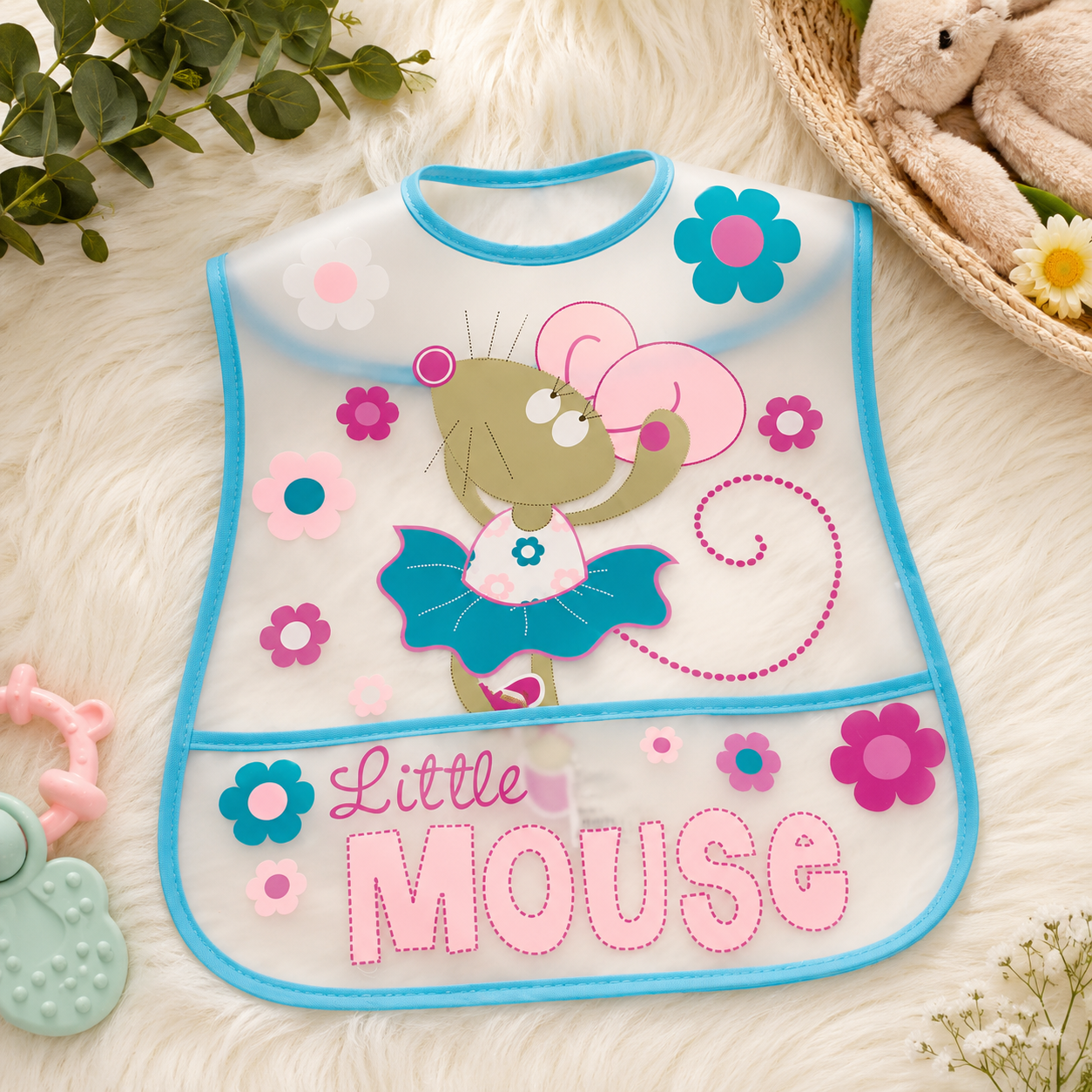 Smile Baby Waterproof Baby Bib for Girls – Little Mouse Print Feeding Bib with Crumb Catcher Pocket, Easy Clean, Lightweight & Comfortable, S Size