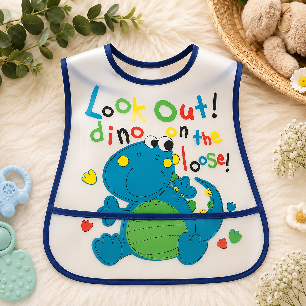 Smile Baby Waterproof Feeding Bib for Babies & Toddlers – Dinosaur Print Easy-Clean Bib with Food Catcher Pocket, Lightweight & Comfortable, S Size