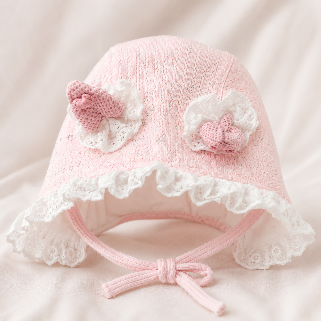 Smile Baby Baby Girls Lace Bonnet Cap with Floral Bow Detail | Soft Cotton Newborn Hat | Adjustable Chin Tie | Pink & Cream