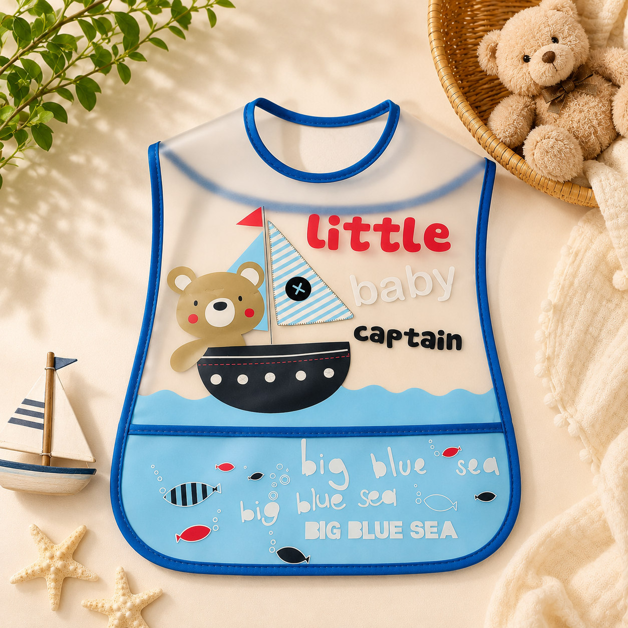 Smile Baby Waterproof Baby Bib for Boys – Little Baby Captain Sailor Bear Print Feeding Bib with Food Catcher Pocket, Easy Clean EVA Bib, S Size (6–36 Months)