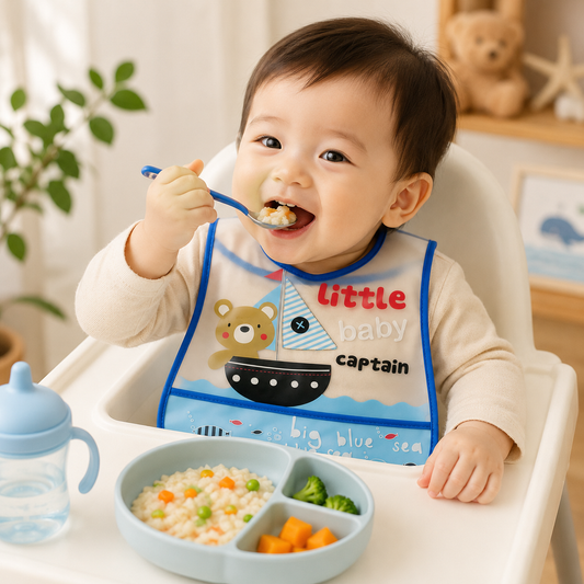 Smile Baby Waterproof Baby Bib for Boys – Little Baby Captain Sailor Bear Print Feeding Bib with Food Catcher Pocket, Easy Clean EVA Bib, S Size (6–36 Months)
