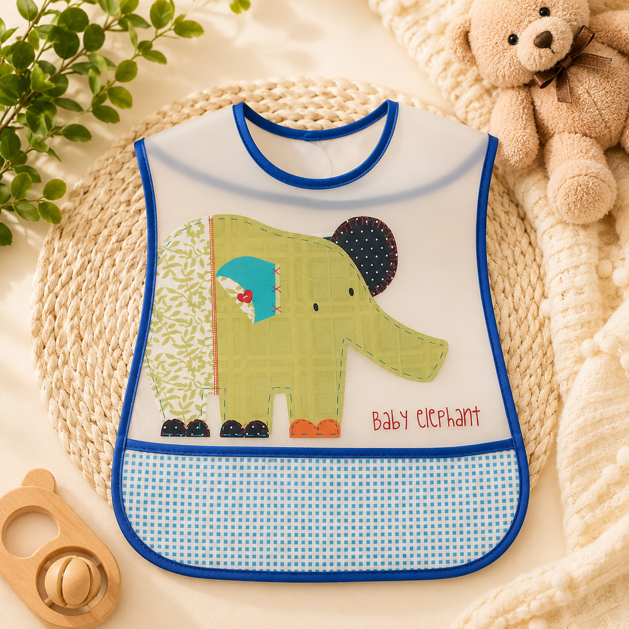 Smile Baby Waterproof Feeding Bib for Babies – Elephant Print Easy-Clean Baby Bib with Food Catcher Pocket, Soft & Lightweight, S Size
