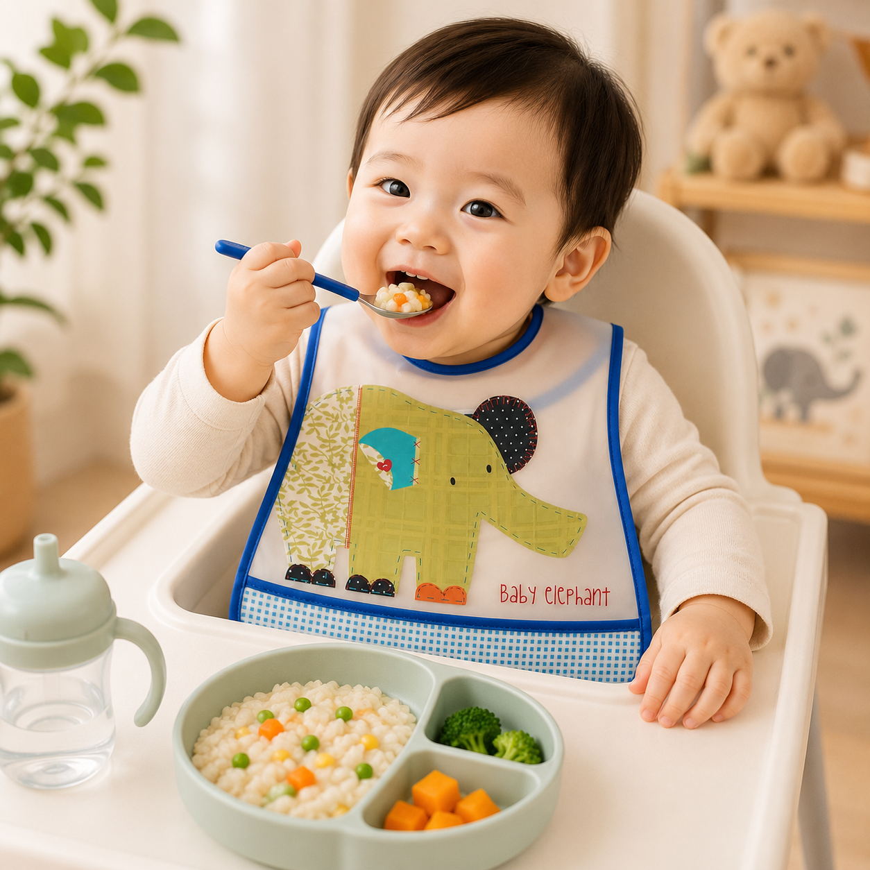 Smile Baby Waterproof Feeding Bib for Babies – Elephant Print Easy-Clean Baby Bib with Food Catcher Pocket, Soft & Lightweight, S Size