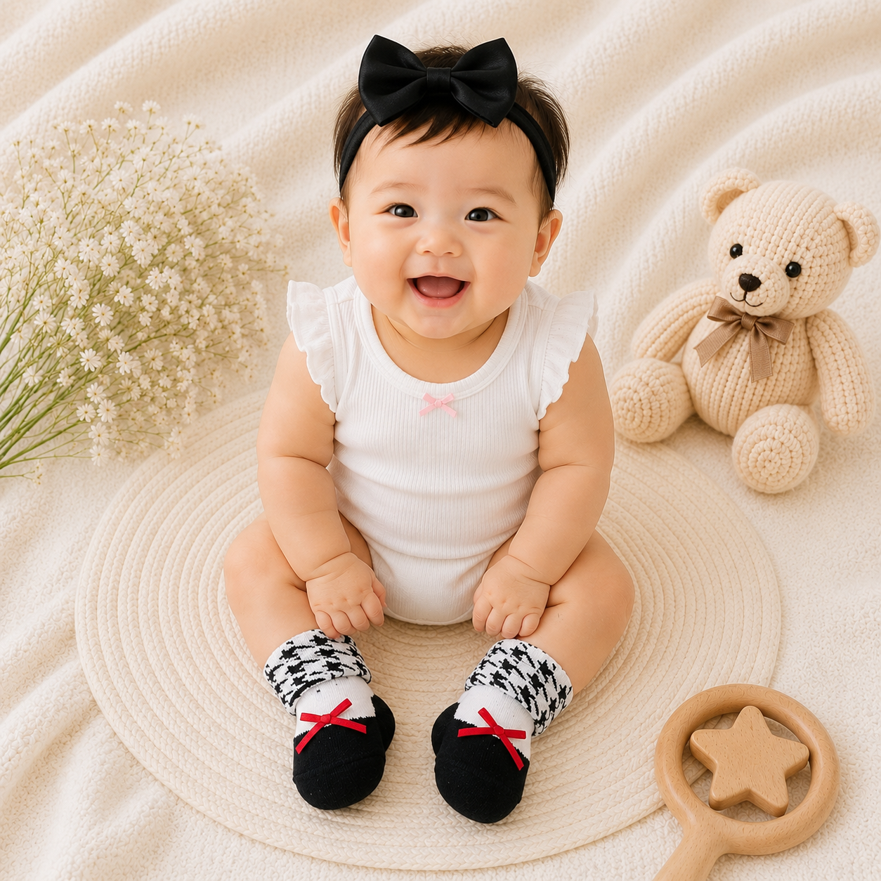Smile Baby Girls Socks & Headband Gift Set – Pack of 3 Soft Cotton Baby Socks with Matching Bow Headbands | 0-9 Months
