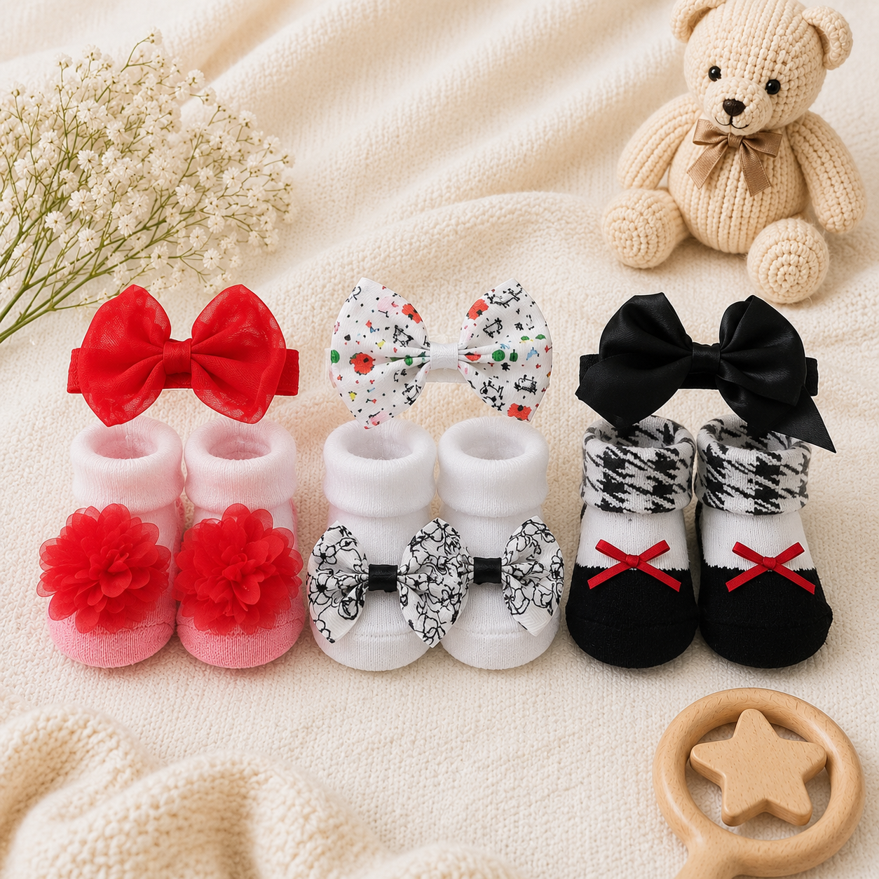 Smile Baby Girls Socks & Headband Gift Set – Pack of 3 Soft Cotton Baby Socks with Matching Bow Headbands | 0-9 Months