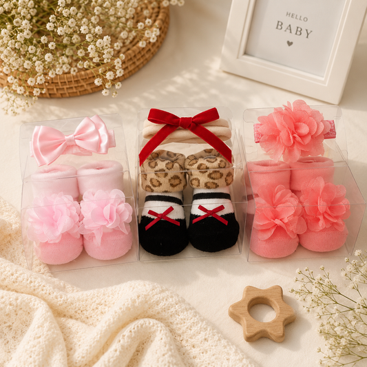 Smile Baby Girls Socks & Headband Gift Set – Pack of 3 Soft Cotton Baby Socks with Matching Headbands | 0-9 Months