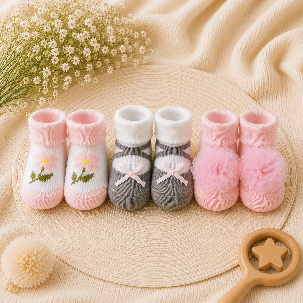 Smile Baby Girls Cotton Socks Gift Set – Pack of 3 Soft Anti-Slip Baby Socks with Floral & Bow Designs | 0-9 Months