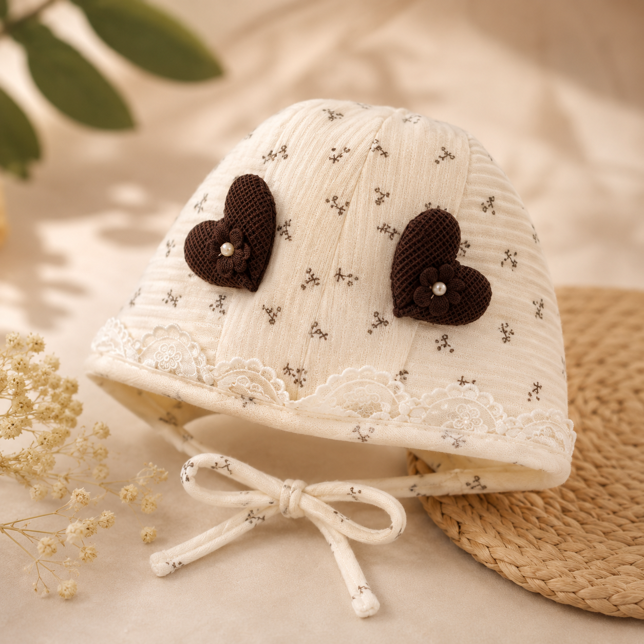 Smile Baby Baby Girls Lace Bonnet Cap with Heart Appliqué | Soft Cotton Newborn Hat | Adjustable Chin Tie | Cream & Brown Floral Design