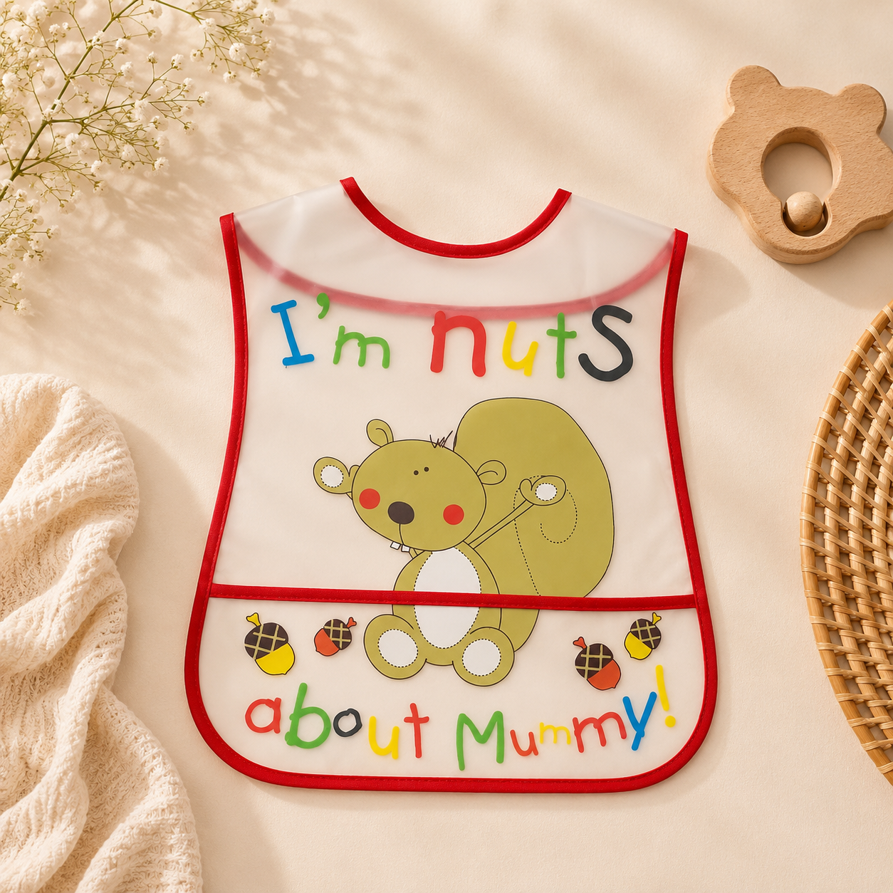 Smile Baby Waterproof Feeding Bib for Babies & Toddlers – Soft Easy-Clean Food Catcher Bib with Cute Squirrel Print, Red Trim, S Size