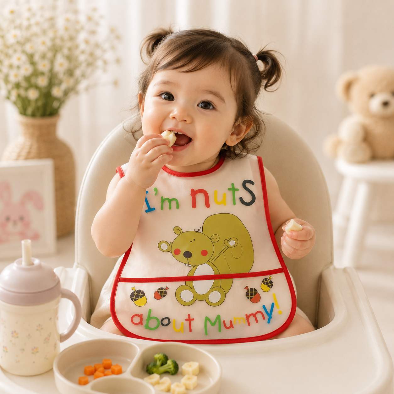 Smile Baby Waterproof Feeding Bib for Babies & Toddlers – Soft Easy-Clean Food Catcher Bib with Cute Squirrel Print, Red Trim, S Size
