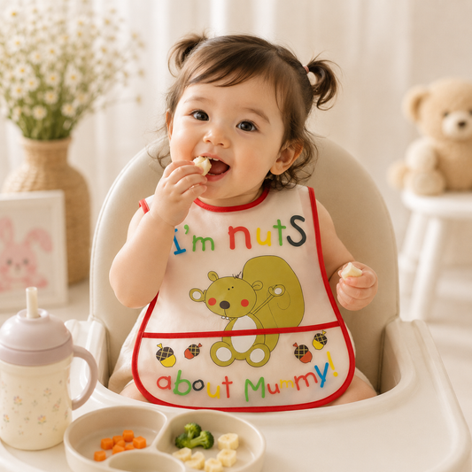 Smile Baby Waterproof Feeding Bib for Babies & Toddlers – Soft Easy-Clean Food Catcher Bib with Cute Squirrel Print, Red Trim, S Size