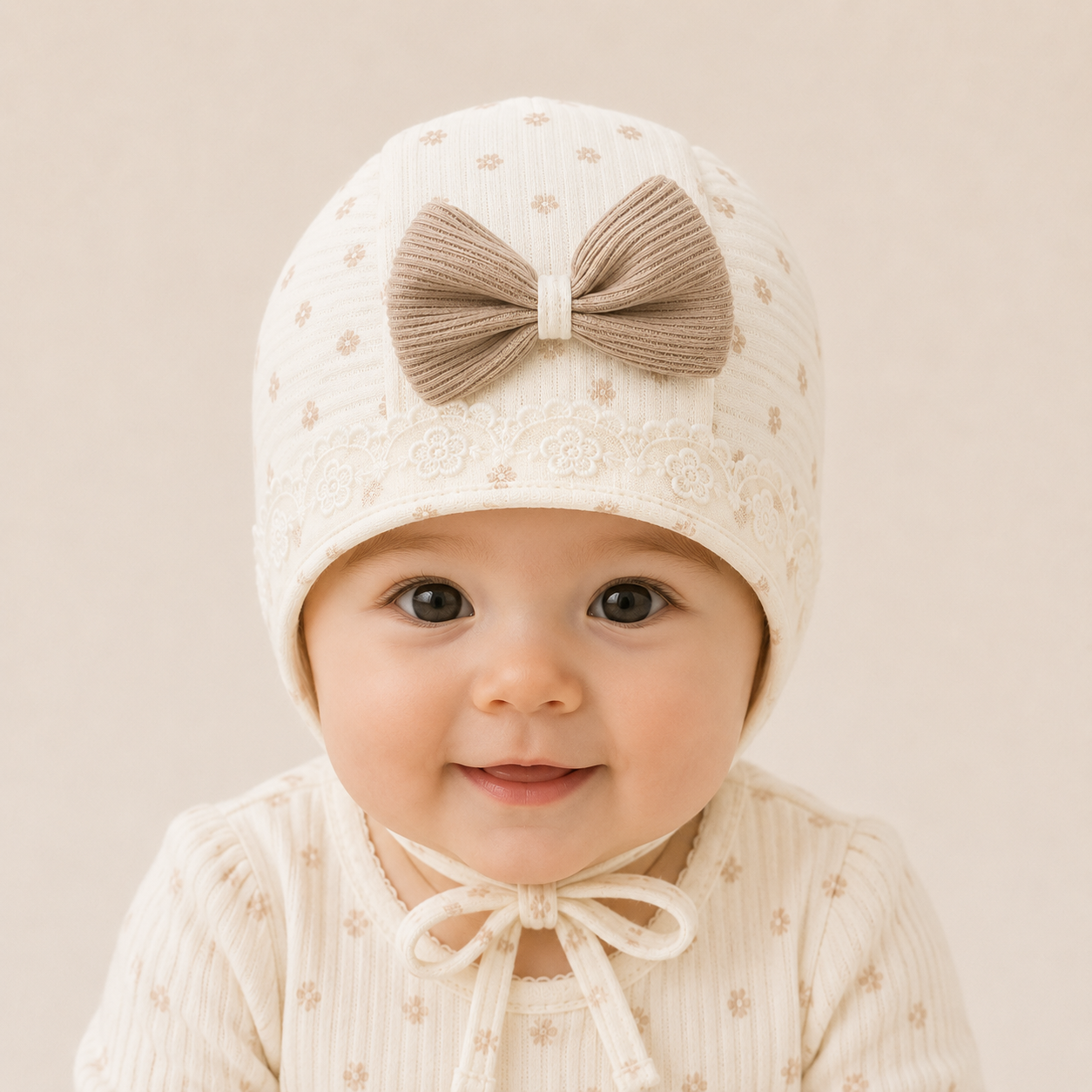 Smile Baby Baby Girls Cotton Cap with Bow & Lace Detail | Soft Newborn Beanie Hat | Adjustable Chin Tie | Cute Printed Baby Cap