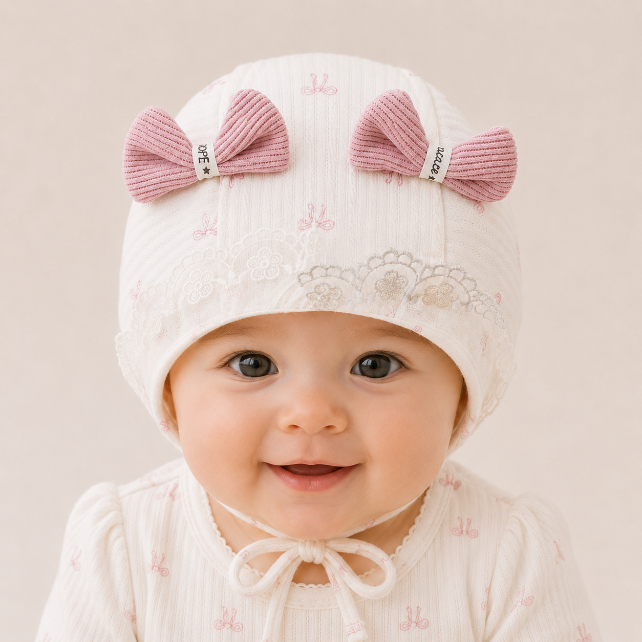 Smile Baby Baby Girls Cotton Cap with Bow & Lace Detail | Soft Newborn Beanie Hat | Adjustable Chin Tie | Cute Printed Baby Cap