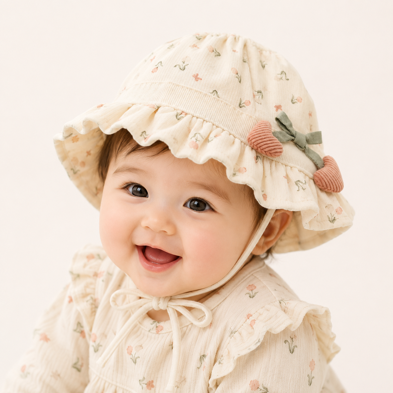 Smile Baby Baby Girls Floral Sun Hat with Heart Bow Detail | Soft Cotton Summer Cap | Adjustable Chin Strap | Pink & Cream