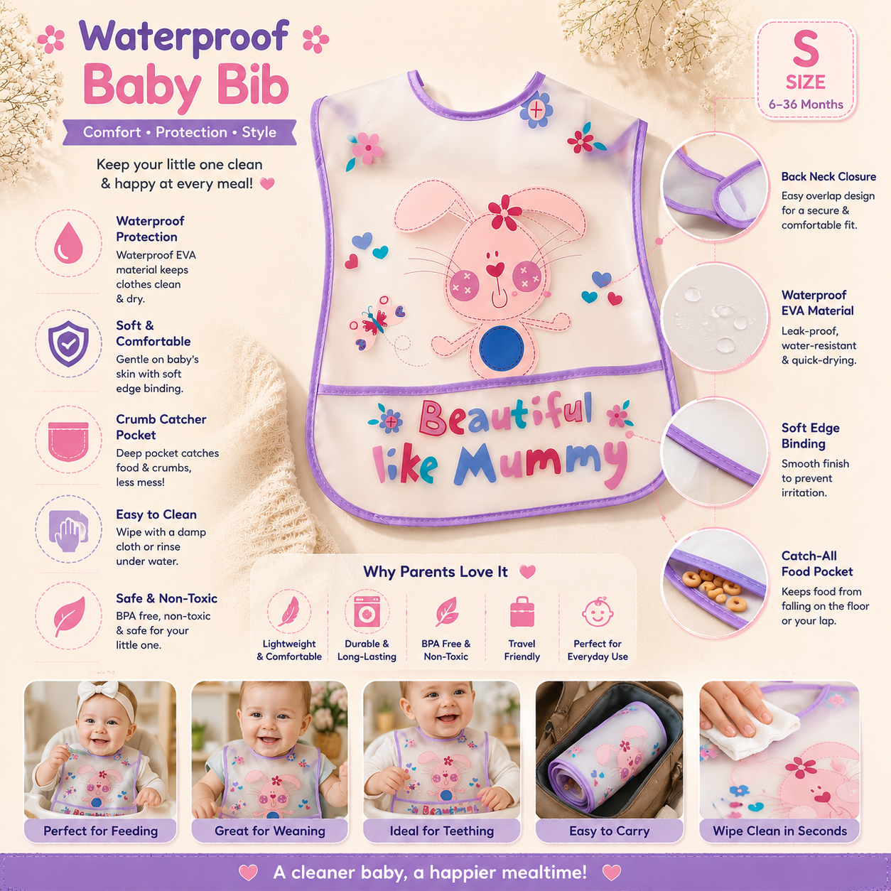 Smile Baby Waterproof Baby Bib for Girls – Beautiful Like Mummy Bunny Print Feeding Bib with Crumb Catcher Pocket, Easy Clean, Lightweight & Comfortable, S Size (6–36 Months)