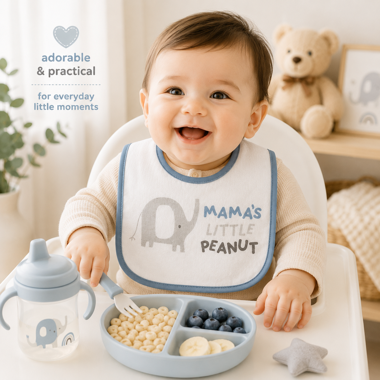 Smile Baby 5-Pack Baby Bib Set for Boys – Ultra Soft Cotton Feeding & Drooling Bibs, Absorbent, Comfortable & Reusable Bibs for Newborns, Infants & Toddlers | Mama's Little Peanut Theme