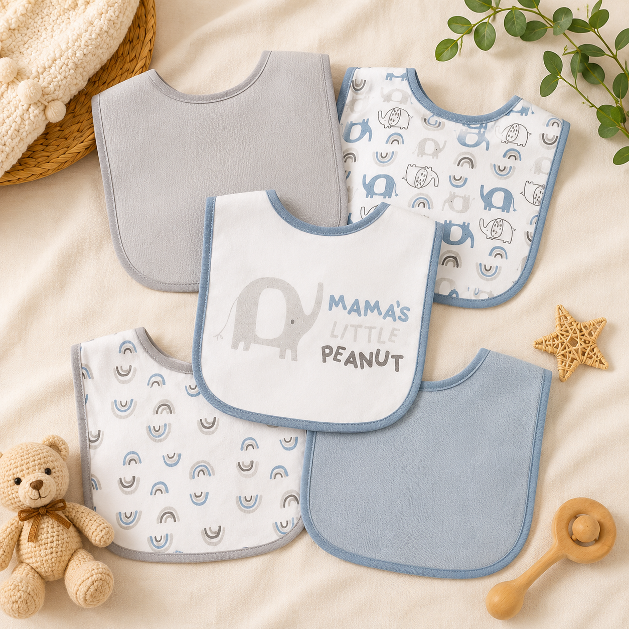 Smile Baby 5-Pack Baby Bib Set for Boys – Ultra Soft Cotton Feeding & Drooling Bibs, Absorbent, Comfortable & Reusable Bibs for Newborns, Infants & Toddlers | Mama's Little Peanut Theme