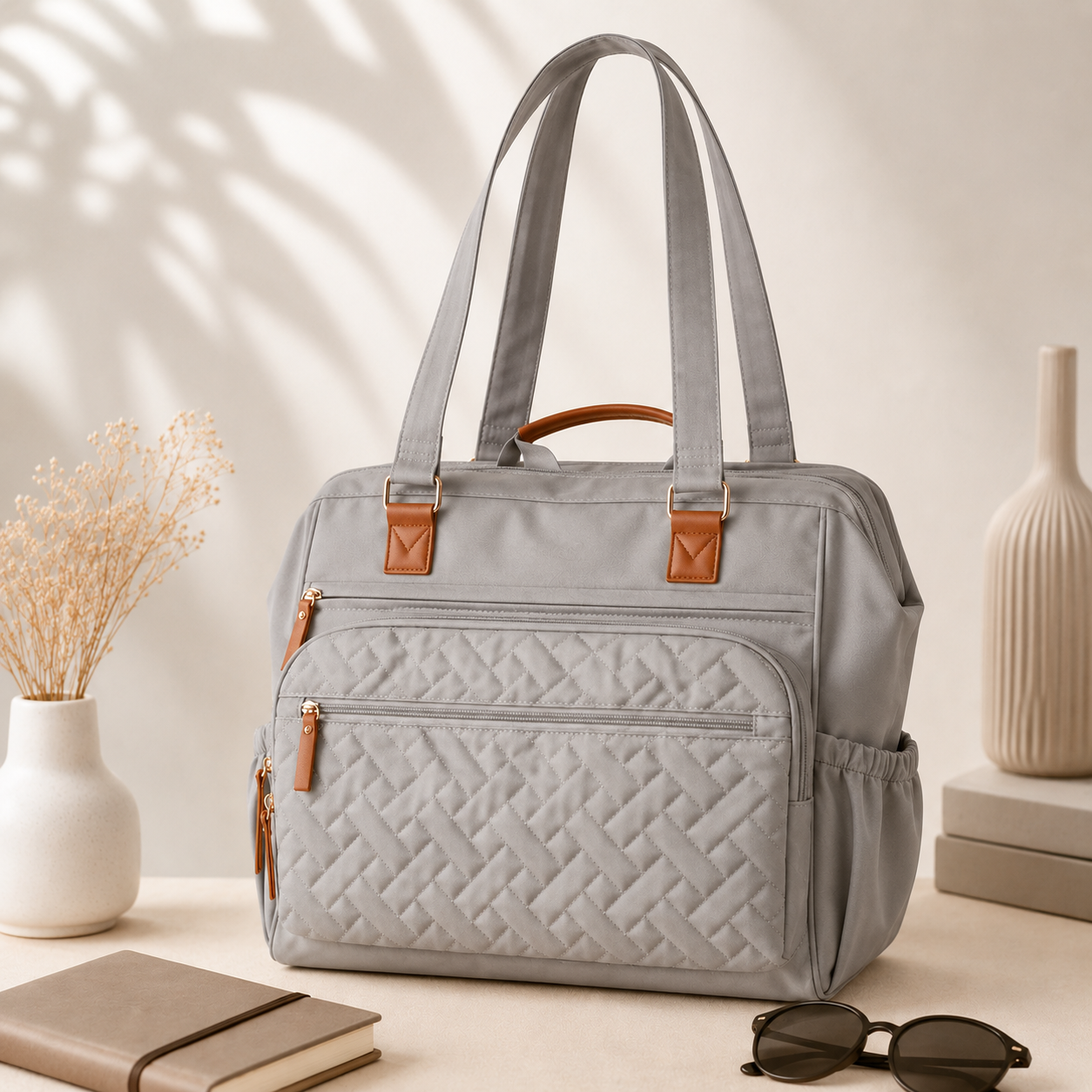 Smile Baby Multifunction Diaper Bag Backpack & Tote – Large Capacity Baby Nappy Bag with Multiple Organizer Pockets, Insulated Bottle Holders & Travel-Friendly Design | Grey