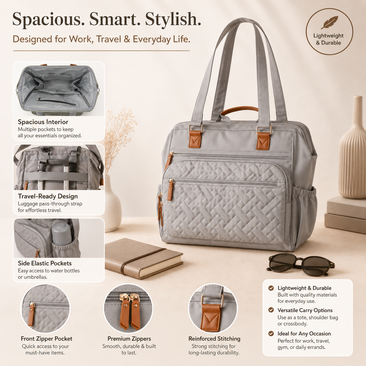 Smile Baby Multifunction Diaper Bag Backpack & Tote – Large Capacity Baby Nappy Bag with Multiple Organizer Pockets, Insulated Bottle Holders & Travel-Friendly Design | Grey