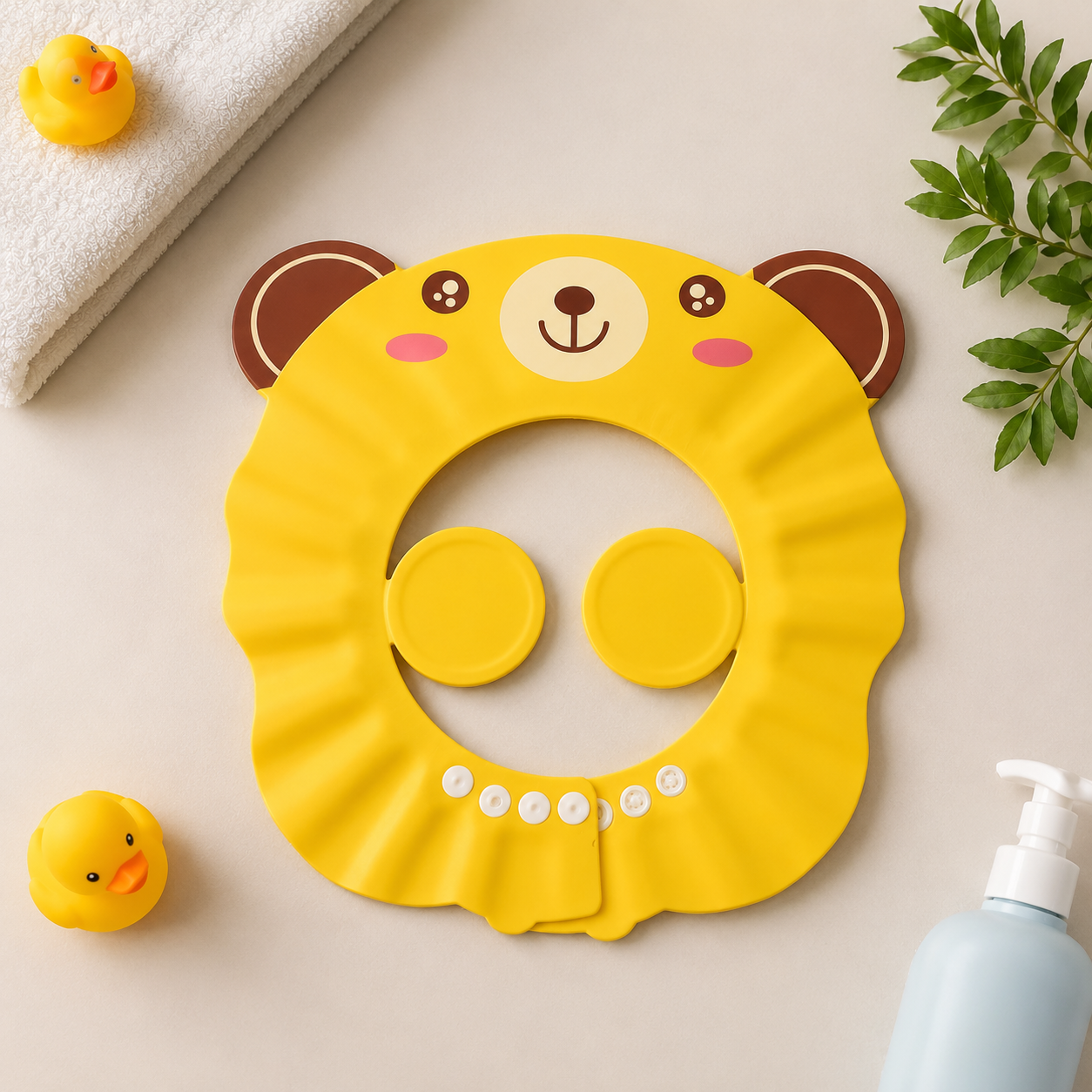 1ST STEP Baby Shampoo Bath Cap for Kids | Soft Adjustable Shampoo Hat with Ear Protection | Splash Guard Bathing Cap for Babies & Toddlers | Pink & Yellow