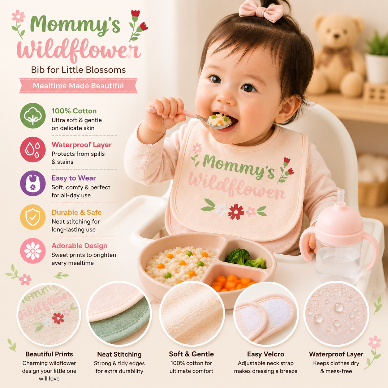 Smile Baby 5 Pack Baby Bib Set for Newborns & Infants | Ultra Soft Cotton Feeding Bibs | Absorbent Drooling & Burping Bibs | Floral Prints for Baby Girls (0+ Months)