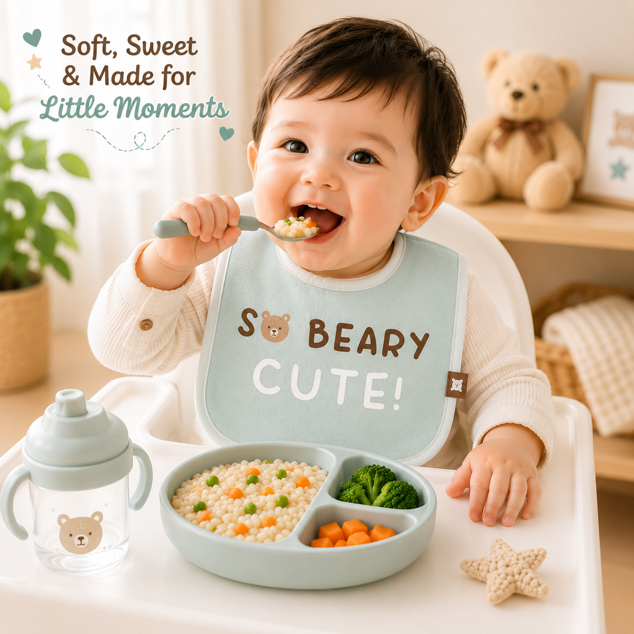 Smile Baby 5-Pack Baby Bib Set for Boys – Ultra Soft Cotton Feeding & Drooling Bibs, Absorbent, Comfortable & Reusable Newborn Bibs with Cute Bear Print (0+ Months)