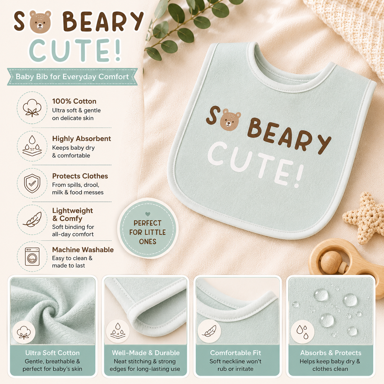 Smile Baby 5-Pack Baby Bib Set for Boys – Ultra Soft Cotton Feeding & Drooling Bibs, Absorbent, Comfortable & Reusable Newborn Bibs with Cute Bear Print (0+ Months)