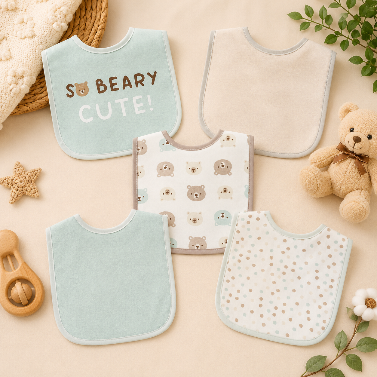 Smile Baby 5-Pack Baby Bib Set for Boys – Ultra Soft Cotton Feeding & Drooling Bibs, Absorbent, Comfortable & Reusable Newborn Bibs with Cute Bear Print (0+ Months)