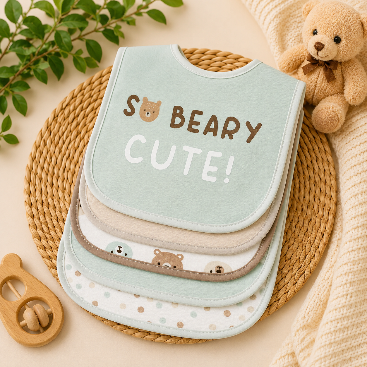Smile Baby 5-Pack Baby Bib Set for Boys – Ultra Soft Cotton Feeding & Drooling Bibs, Absorbent, Comfortable & Reusable Newborn Bibs with Cute Bear Print (0+ Months)