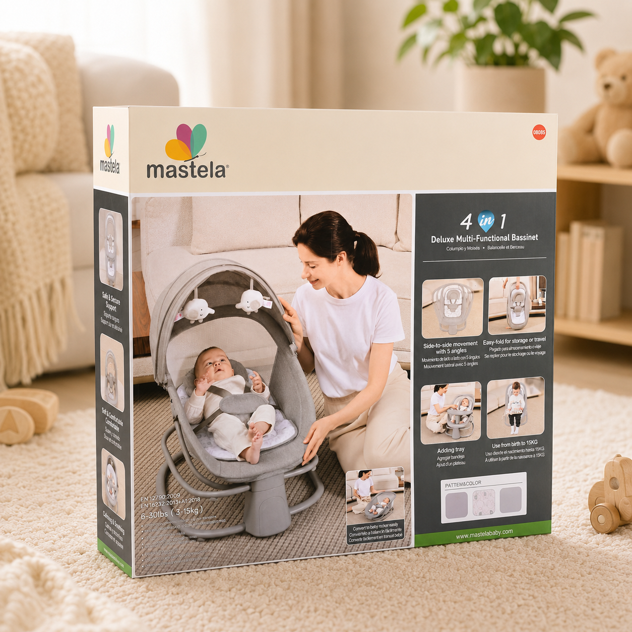 MUSTELA 4-in-1 Electric Baby Swing & Bassinet with APP Control, 5 Swing Speeds, Adjustable Recline, Music Function, Foldable Portable Baby Rocker for Newborns to 15kg – Grey