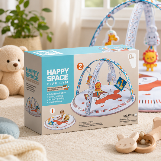 SMILE BABY Happy Space Baby Play Gym & Activity Mat | Tummy Time Play Mat with Hanging Toys | Soft Infant Activity Center for Newborns & Babies 0+ Months | Cream