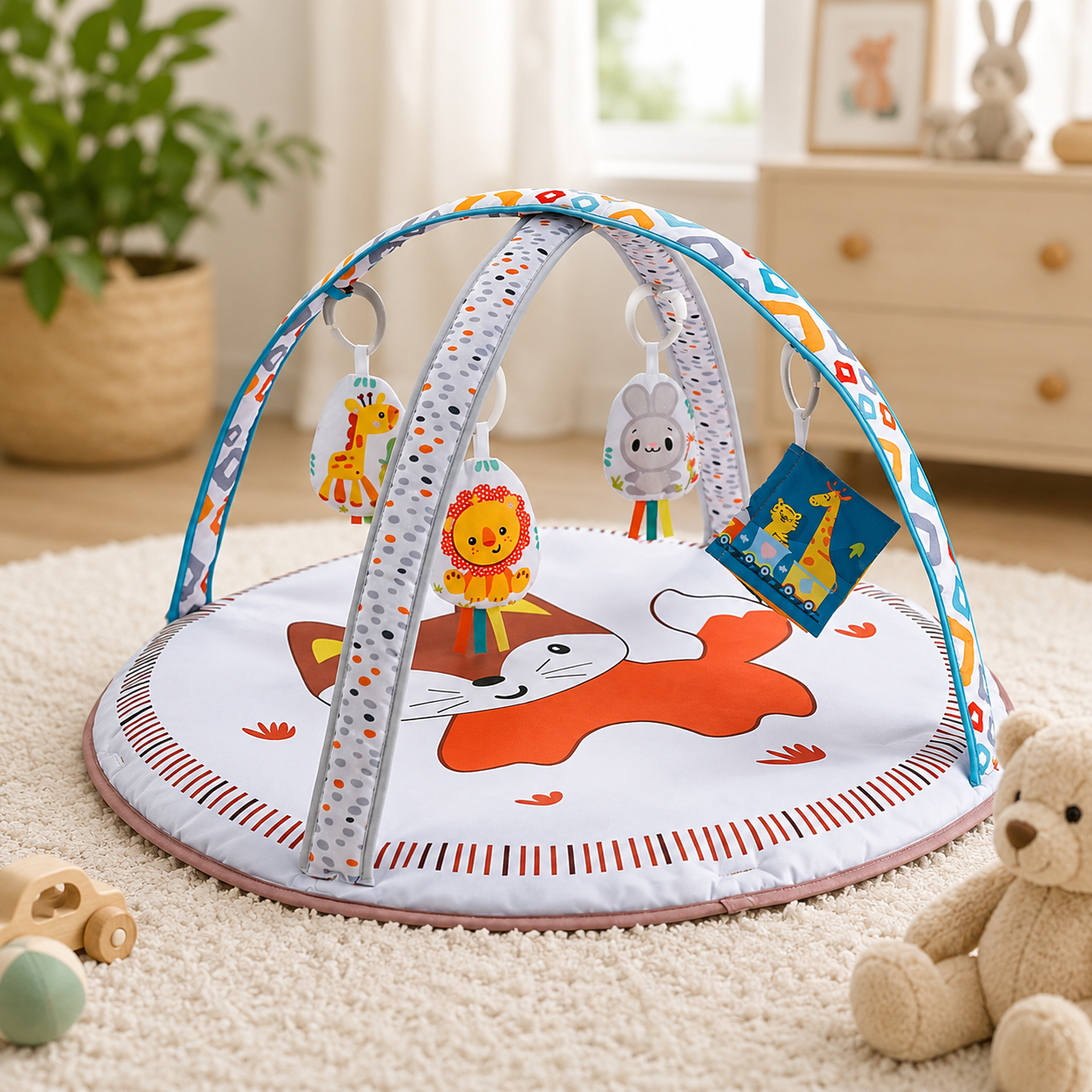 SMILE BABY Happy Space Baby Play Gym & Activity Mat | Tummy Time Play Mat with Hanging Toys | Soft Infant Activity Center for Newborns & Babies 0+ Months | Cream