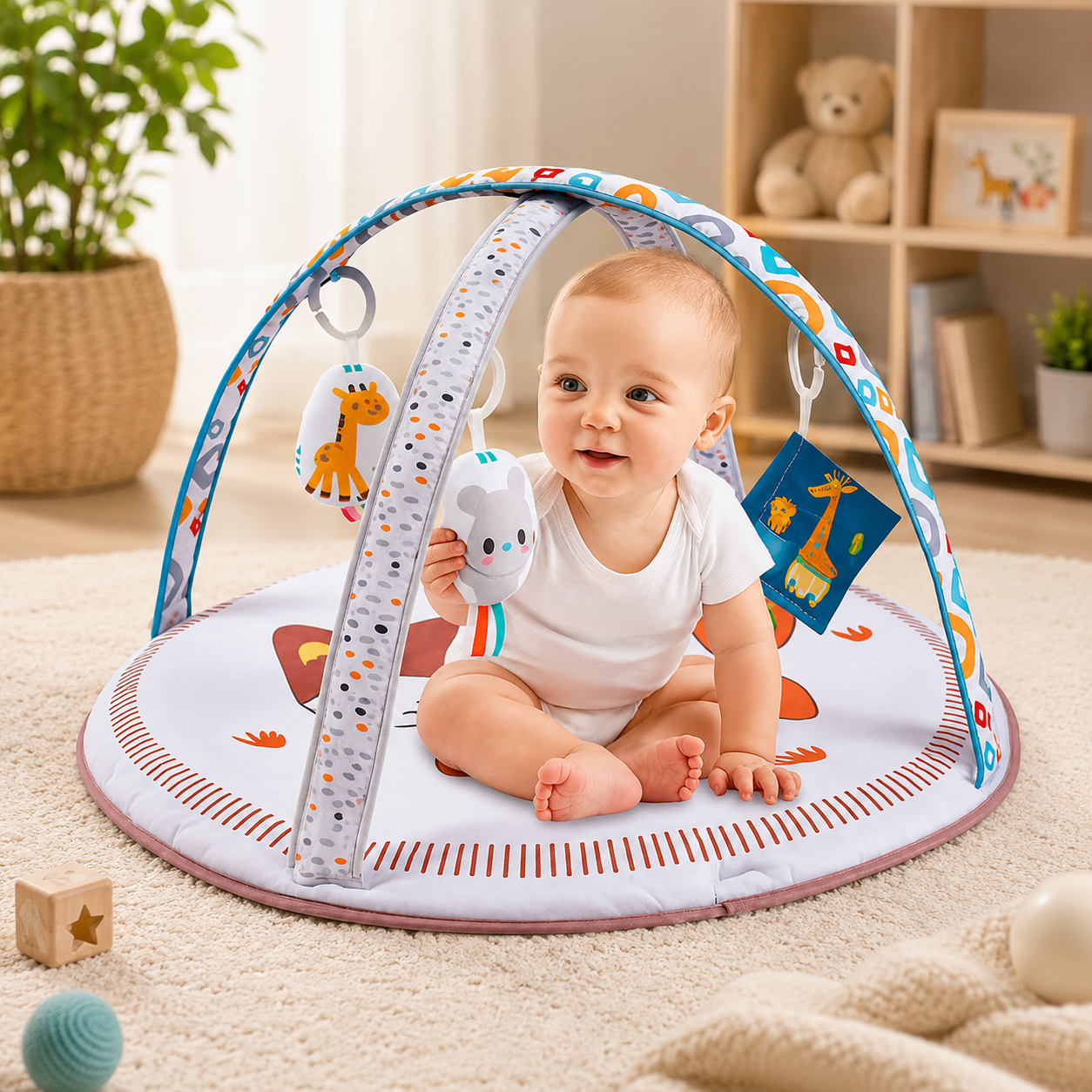SMILE BABY Happy Space Baby Play Gym & Activity Mat | Tummy Time Play Mat with Hanging Toys | Soft Infant Activity Center for Newborns & Babies 0+ Months | Cream