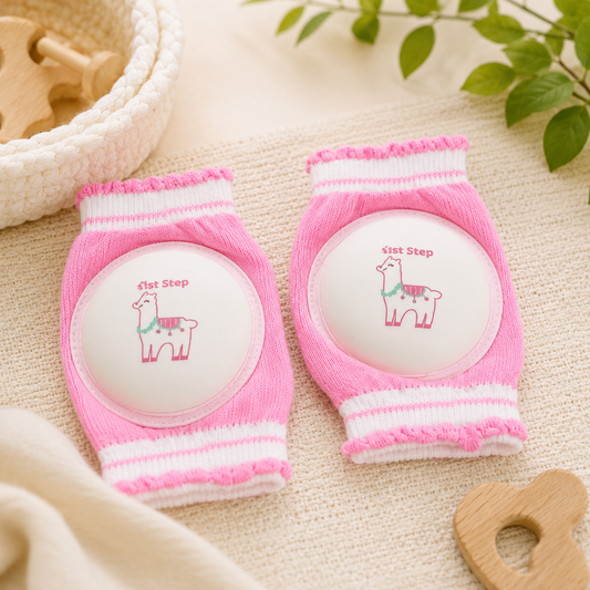 SMILE BABY Baby Knee Pads for Crawling | Soft Anti-Slip Knee Protectors for Infants & Toddlers | Breathable Cotton Knee Guards | Pink Llama Design