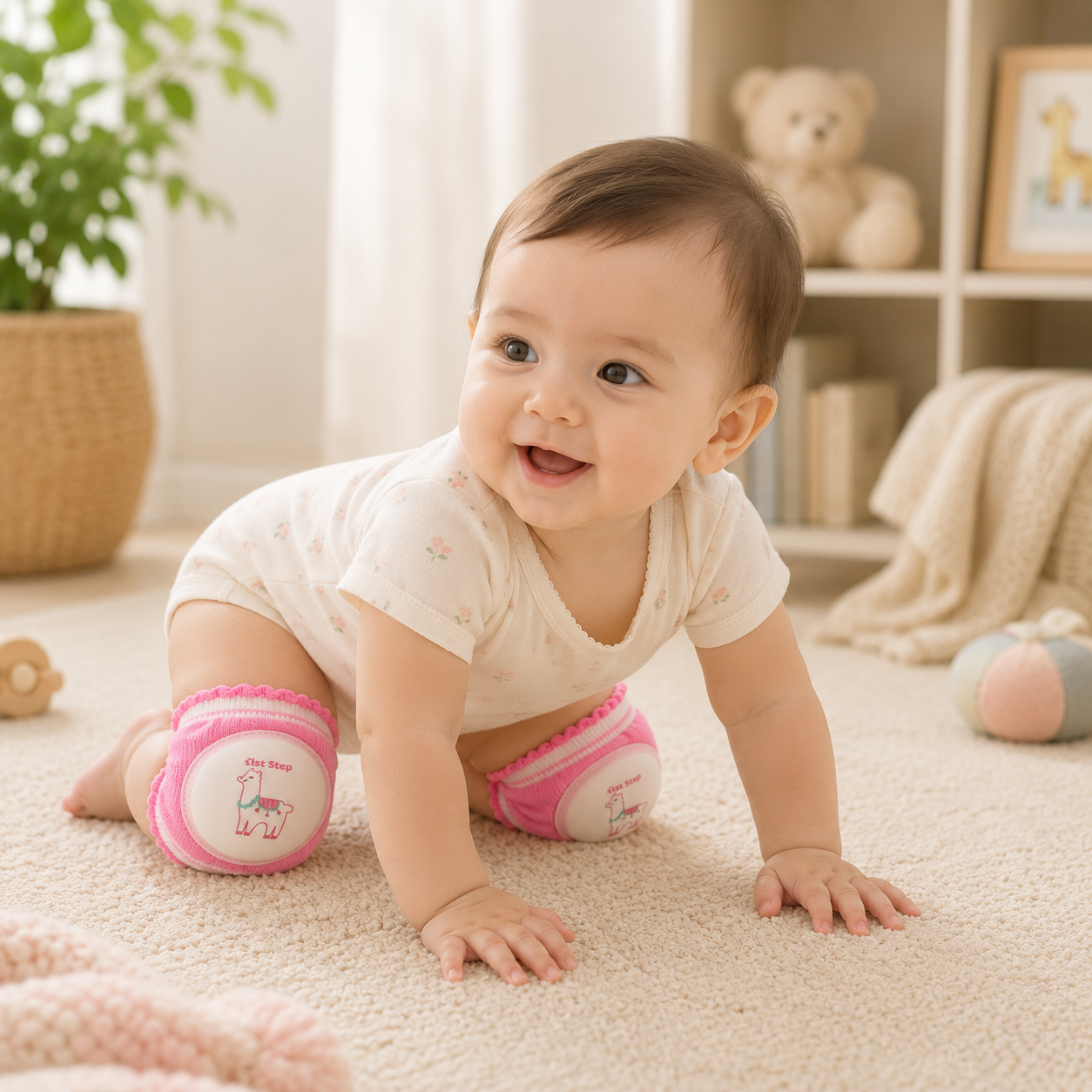 SMILE BABY Baby Knee Pads for Crawling | Soft Anti-Slip Knee Protectors for Infants & Toddlers | Breathable Cotton Knee Guards | Pink Llama Design