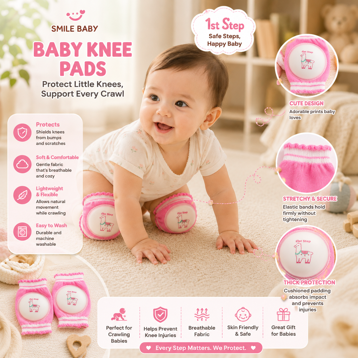 SMILE BABY Baby Knee Pads for Crawling | Soft Anti-Slip Knee Protectors for Infants & Toddlers | Breathable Cotton Knee Guards | Pink Llama Design