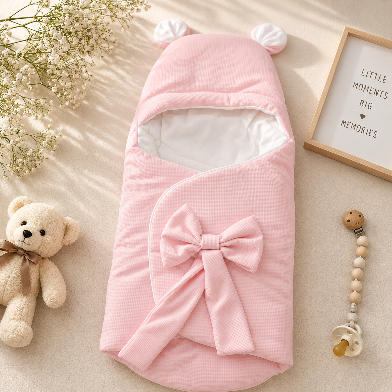 SMILE BABY Premium Baby Swaddle Wrapper with Hood & Bear Ears | Soft Cotton Baby Receiving Blanket | Newborn Sleeping Bag with Bow | Warm Baby Wrap for Hospital Discharge & Travel | White, Sky Blue, Pink, Grey