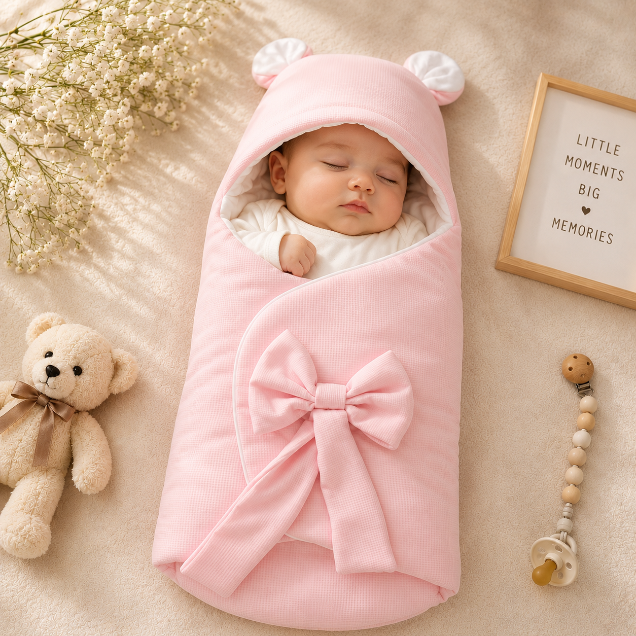 SMILE BABY Premium Baby Swaddle Wrapper with Hood & Bear Ears | Soft Cotton Baby Receiving Blanket | Newborn Sleeping Bag with Bow | Warm Baby Wrap for Hospital Discharge & Travel | White, Sky Blue, Pink, Grey