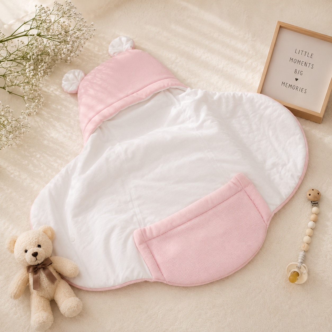 SMILE BABY Premium Baby Swaddle Wrapper with Hood & Bear Ears | Soft Cotton Baby Receiving Blanket | Newborn Sleeping Bag with Bow | Warm Baby Wrap for Hospital Discharge & Travel | White, Sky Blue, Pink, Grey
