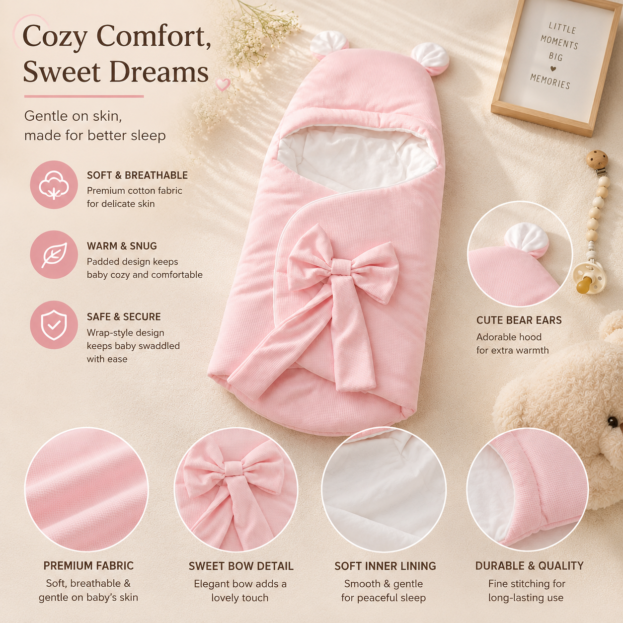 SMILE BABY Premium Baby Swaddle Wrapper with Hood & Bear Ears | Soft Cotton Baby Receiving Blanket | Newborn Sleeping Bag with Bow | Warm Baby Wrap for Hospital Discharge & Travel | White, Sky Blue, Pink, Grey