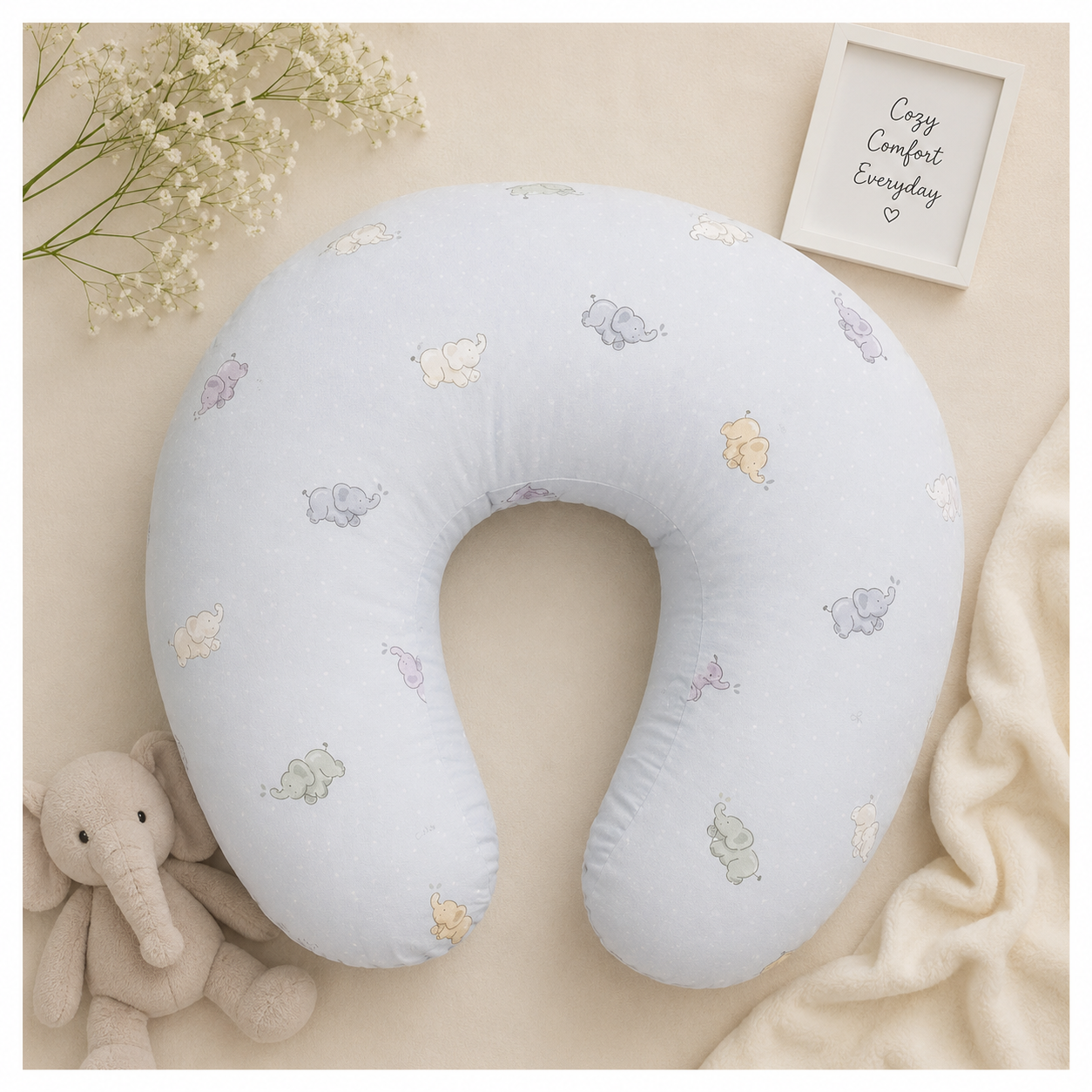 Smile Baby U-Shaped Nursing Pillow with Removable Cotton Cover | Soft Baby Feeding & Support Pillow | Blue Elephant Print