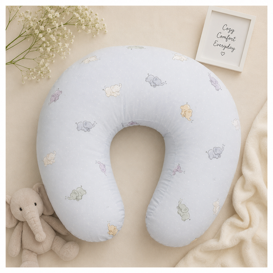 Smile Baby U-Shaped Nursing Pillow with Removable Cotton Cover | Soft Baby Feeding & Support Pillow | Blue Elephant Print
