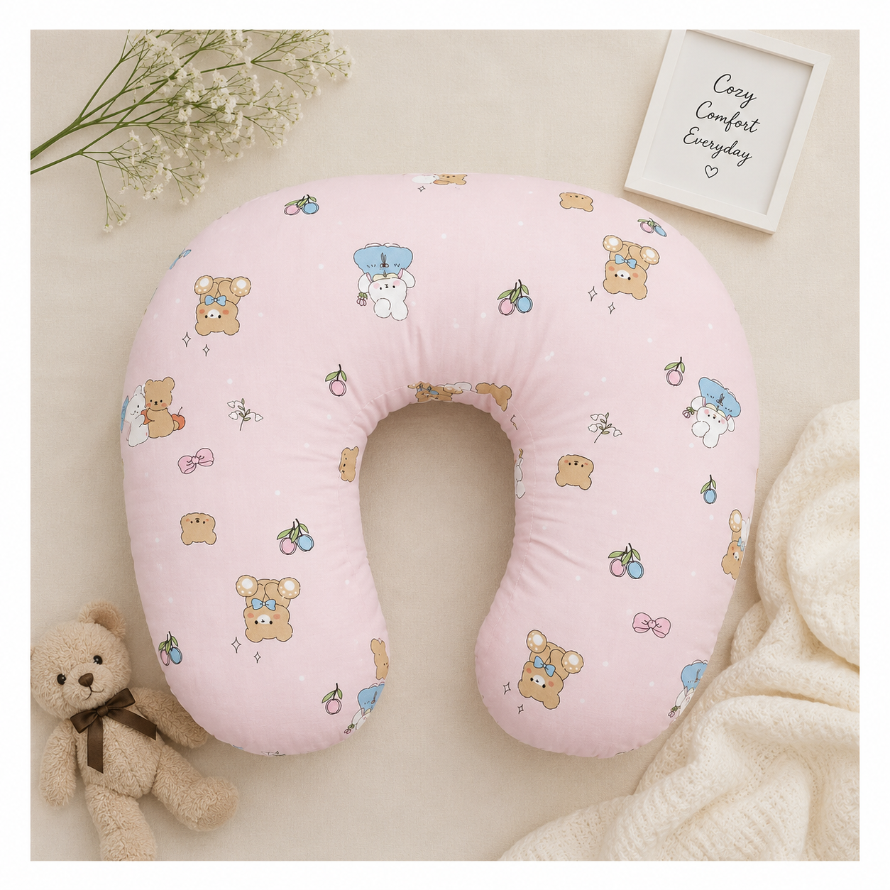 Smile Baby Pink Teddy & Bunny Print Premium Cotton Feeding & Nursing Pillow | Multipurpose Breastfeeding Support Pillow with Removable Washable Cover for Newborn Baby